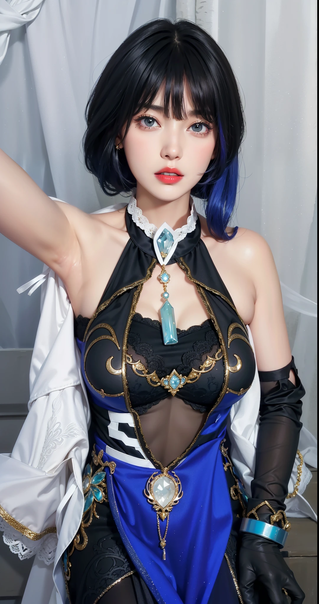 Very detailed, Delicate face, Realistic style, Stock Photography , rich and colorful, Surrealism, Realistic textures, Dramatic Lighting, Distiller 800 (8K, original photo, Better quality, masterpiece: 1.2), Very detailed, (Extremely delicate skin: 1.2), 8K Ultra HD, SLR camera, Soft Light, high quality, 冰冻Queen,, snow castle,Blue pupils,Apply red lipstick,Queen,Gorgeous clothing,gem, diamond, Gold Jewelry,Printed lace,Silk dress,breasts symmetrical,Hands up