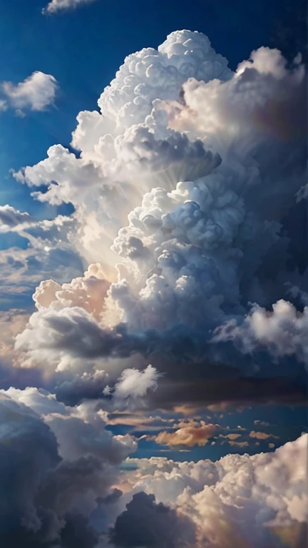 There is a plane flying through the clouds in the sky, towering Cumulonimbus clouds, voluminous clouds, giant clouds, billowing clouds, majestic clouds, awesome clouds, detailed clouds, extreme fluffy clouds, big clouds, massive clouds, Cumulonimbus clouds, big Cumulonimbus clouds, intimidating clouds, hyper detailed storm clouds, colorful clouds of a splendid sunset