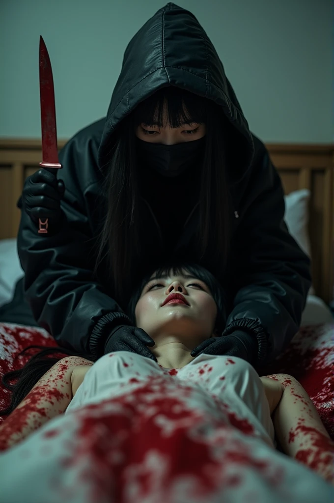 korean girl, (behind corpse, holding knife), balaclava, black gloves, room full of blood, black raincoat, hood up, holding knife, black gloves, woman on top, behind corpse, blood splatter, on the bed, mass murderer, killer, long bangs, blood splatter, dark atmosphere, cinematic lighting, atmospheric realistic, close-up,