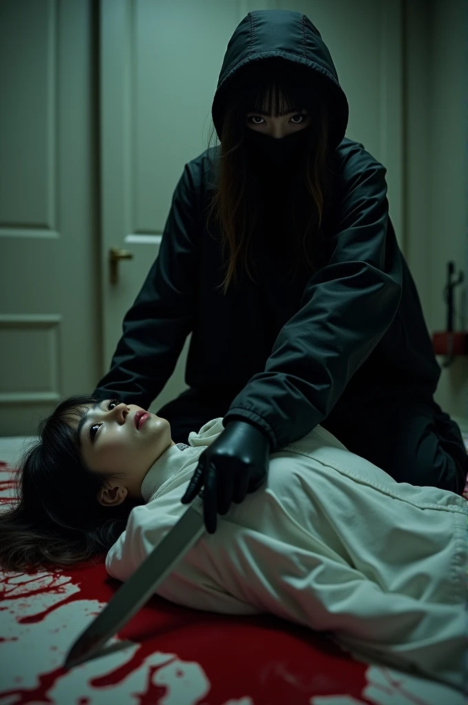 korean girl, (behind corpse, holding knife), balaclava, black gloves, room full of blood, black raincoat, hood up, holding knife, black gloves, woman on top, behind corpse, blood splatter, on the bed, mass murderer, killer, long bangs, blood splatter, dark atmosphere, cinematic lighting, atmospheric realistic, close-up,