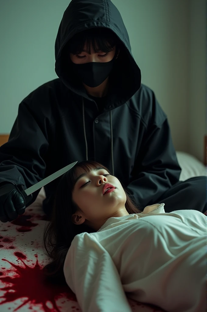 korean girl, (behind corpse, holding knife), balaclava, black gloves, room full of blood, black raincoat, hood up, holding knife, black gloves, woman on top, behind corpse, blood splatter, on the bed, mass murderer, killer, long bangs, blood splatter, dark atmosphere, cinematic lighting, atmospheric realistic, close-up,