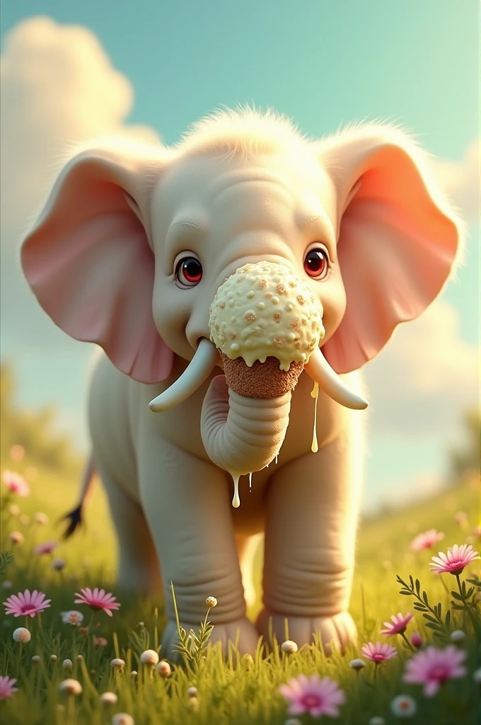 An albino elephant eating ice cream