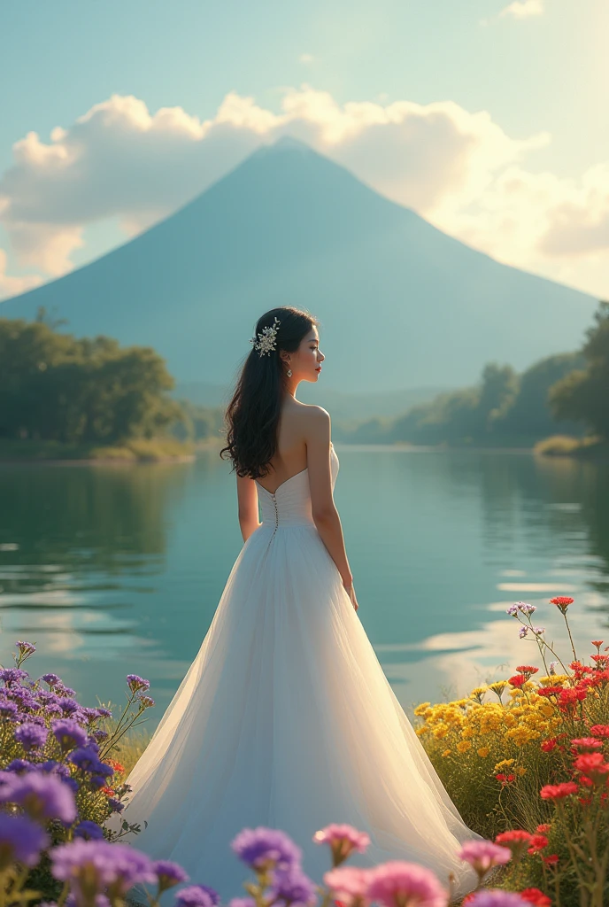 a vietnamese girl, wearing a wedding dress, white wedding dress, hot body, slim waist, big breasts, standing by the river, at her feet are colorful flowers, purple, pink, yellow, red, in the distance is a mountain, with the sunlight shining on the mountain, blue clouds swirling around the mountain, yellow sunlight dyeing the river, green, flowers, beautiful, idyllic, wonderful, absurd, surreal, textured, maximum detail, dslr, transparent clothes, masterpiece, best quality: 1.2),, (8k, high resolution, RAW image, realistic, true to life: 1.3), (detailed skin texture, detailed fabric texture, detailed water, detailed body texture, beautiful detailed face: 1.25), professional lighting, photon mapping, beautiful soft light, radiation, physically based rendering, ray tracing, model shooting style, model shooting style, (CG unity background 8k ultra-detail), full body photo of the world's most beautiful artwork, (8k, high resolution, RAW image, realistic, photorealistic: 1.3), (detailed skin texture, detailed cloth texture, detailed water, detailed trees, detailed textured flowers, detailed leaves, detailed colors, beautifully detailed faces: 1.25), professional lighting, photon mapping, beautiful soft light, brightness, physically based rendering, ray tracing, model shooting style, model shooting style, (Unity's 8k ultra-detailed CG background), the world's most beautiful full body photo,