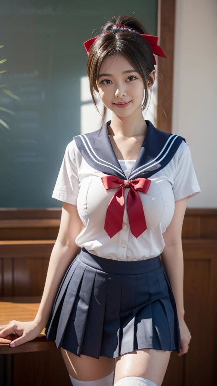 (A gorgeous Japanese idol, age 22 , in a cafe, wearing seifuku, school uniform, sailor moon, jk uniform, high-school uniform, pleated mini-skirt, red ribbon, sailor hat, knee high socks,
Easygoing expressions, kind smile, dimpled chins, cute snaggle-tooth, short bob hair ponytail, symmetrical face, realistic detailed face, beautiful detailed eyes, perfect body proportions, hourglass figure, ample round bosoms, huge breasts,
Raw photo, photorealistic, realistic portrait, hyper-realism, high contrast, ultra HD, realistic skin textures, top image quality, top-quality, super high resolution, fine details, very meticulously, masterpiece, medium shot, close-up shot, cowboy shot, High Angle Shot, bokeh background, SFW, Safe For Work)