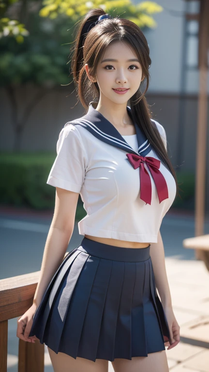(A gorgeous Japanese idol, age 22 , in a cafe, wearing seifuku, school uniform, sailor moon, jk uniform, high-school uniform, pleated mini-skirt, red ribbon, sailor hat, knee high socks,
Easygoing expressions, kind smile, dimpled chins, cute snaggle-tooth, short bob hair ponytail, symmetrical face, realistic detailed face, beautiful detailed eyes, perfect body proportions, hourglass figure, ample round bosoms, huge breasts,
Raw photo, photorealistic, realistic portrait, hyper-realism, high contrast, ultra HD, realistic skin textures, top image quality, top-quality, super high resolution, fine details, very meticulously, masterpiece, medium shot, close-up shot, cowboy shot, High Angle Shot, bokeh background, SFW, Safe For Work)