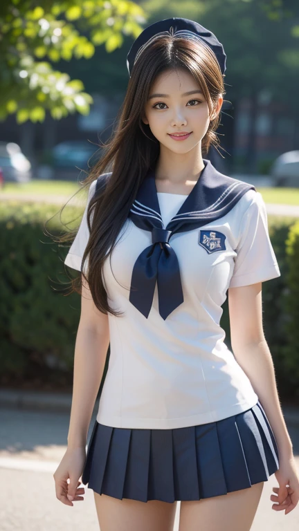 (A gorgeous Japanese idol, age 22 , in a cafe, wearing seifuku, school uniform, sailor moon, jk uniform, high-school uniform, pleated mini-skirt, red ribbon, sailor hat, knee high socks,
Easygoing expressions, kind smile, dimpled chins, cute snaggle-tooth, short bob hair ponytail, symmetrical face, realistic detailed face, beautiful detailed eyes, perfect body proportions, hourglass figure, ample round bosoms, huge breasts,
Raw photo, photorealistic, realistic portrait, hyper-realism, high contrast, ultra HD, realistic skin textures, top image quality, top-quality, super high resolution, fine details, very meticulously, masterpiece, medium shot, close-up shot, cowboy shot, High Angle Shot, bokeh background, SFW, Safe For Work)