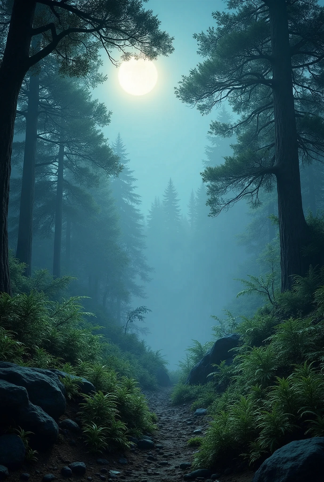 realistic forest, with many trees, fog, different plants, at night, with moonlight, do it horizontally