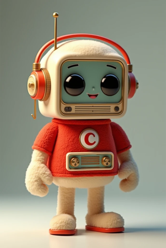 Description of the Mascot:
Shape and Size:
The mascot is shaped like an anthropomorphized vintage radio., approximately 30 cm tall. Its body is rectangular, but with rounded edges, giving it a soft and friendly appearance.
Short, fluffy arms and legs come out of the radio's body. The arms are flexible, with round hands and thick fingers, while the legs end in small, round feet.
cabeça/Face:
The front of the radio serve como o rosto do mascote. He has large, expressive eyes on the upper, black in color with a slight shine, that transmit sympathy and energy.
A wide, friendly smile is positioned just below the eyes, with a smooth, glossy finish that brings the mascot's expression to life.
A thin, flexible antenna emerges from the top of the mascot., leaning to one side, adding a fun and dynamic touch to the character.
vestimentas:
The mascot wears a vibrant red shirt, made of a soft cotton-like fabric, that covers most of the body of the radius. The shirt is fitted in a way that enhances the cuteness of the mascot.
No centro da camisa, the letter is stamped "c" blank, large and in a friendly font. A letra "c" is the highlight of the design, positioned centrally on the mascot's chest.
The short sleeves of the shirt leave part of the cute arms on display, and the round collar has a well-made finish.
Radio Details:
The front of the radio, below the face, has a stylized tuning scale that adds authenticity to the design. Small control knobs for volume and tuning are located on the sides of the body., but they are smoothly integrated so as not to interfere with the cuteness.
The material of the radio is smooth and shiny, with a texture that blends well with the soft details of the humanized parts.
Accessories:
The mascot wears a padded headset in black with red details., resting around the neck. The phone is big, but proportional to the body, and complements the overall look.
A small silver microphone is held