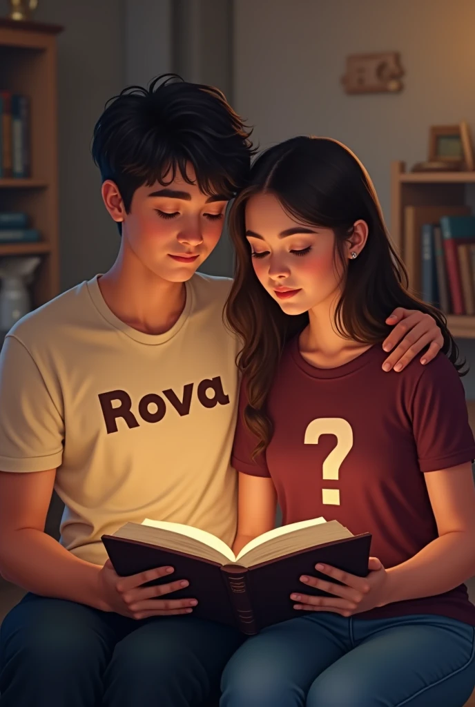 Une enfant en couple avec un mot Rova sur le tee-shirt beige du garçon et un ? sur le tee-shirt grenat du fille .Ils sont en train de étudier un bible évangélique dans un chambre