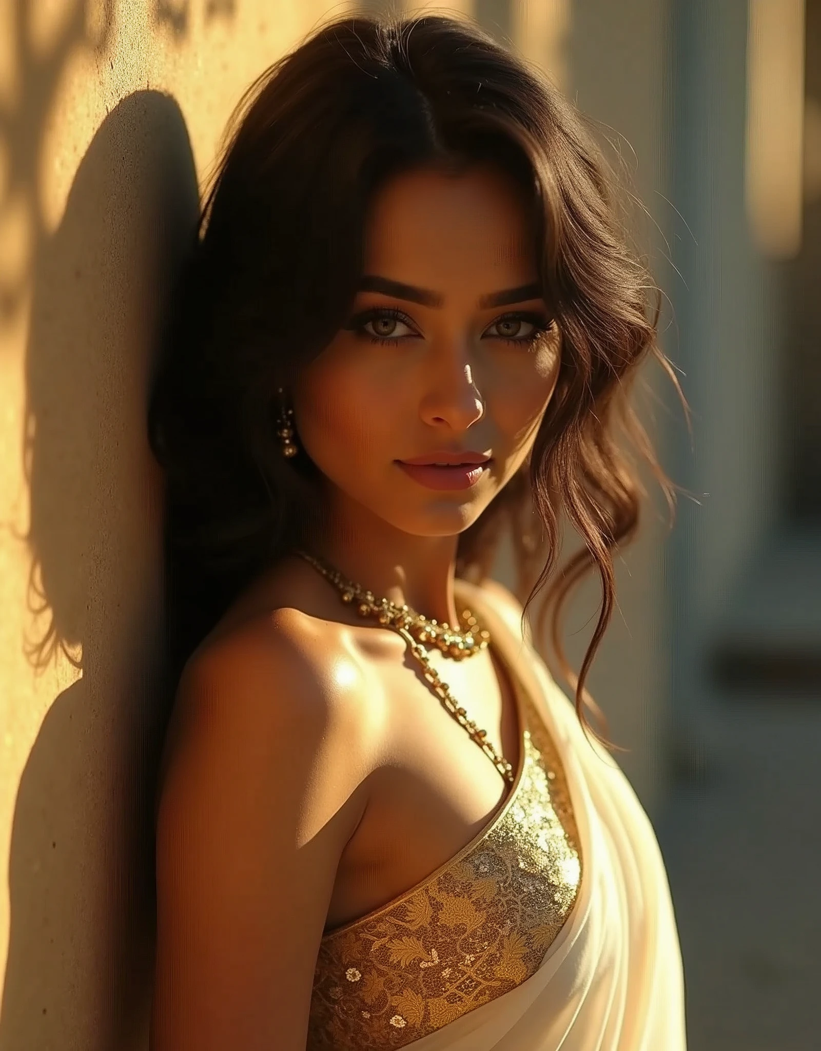 ((cinematic photography), (photorealistic), (photographically correct), (dynamic photography), enchanting siren, raven haired and porcelain skinned, is captured against a wall, her gold blouse shimmering like sunrise. A diaphanous white saree with golden filigree borders drapes her curves, as smoldering eyes, bold eyeliner, and tender lips convey a fierce, yet vulnerable beauty, by amrit835