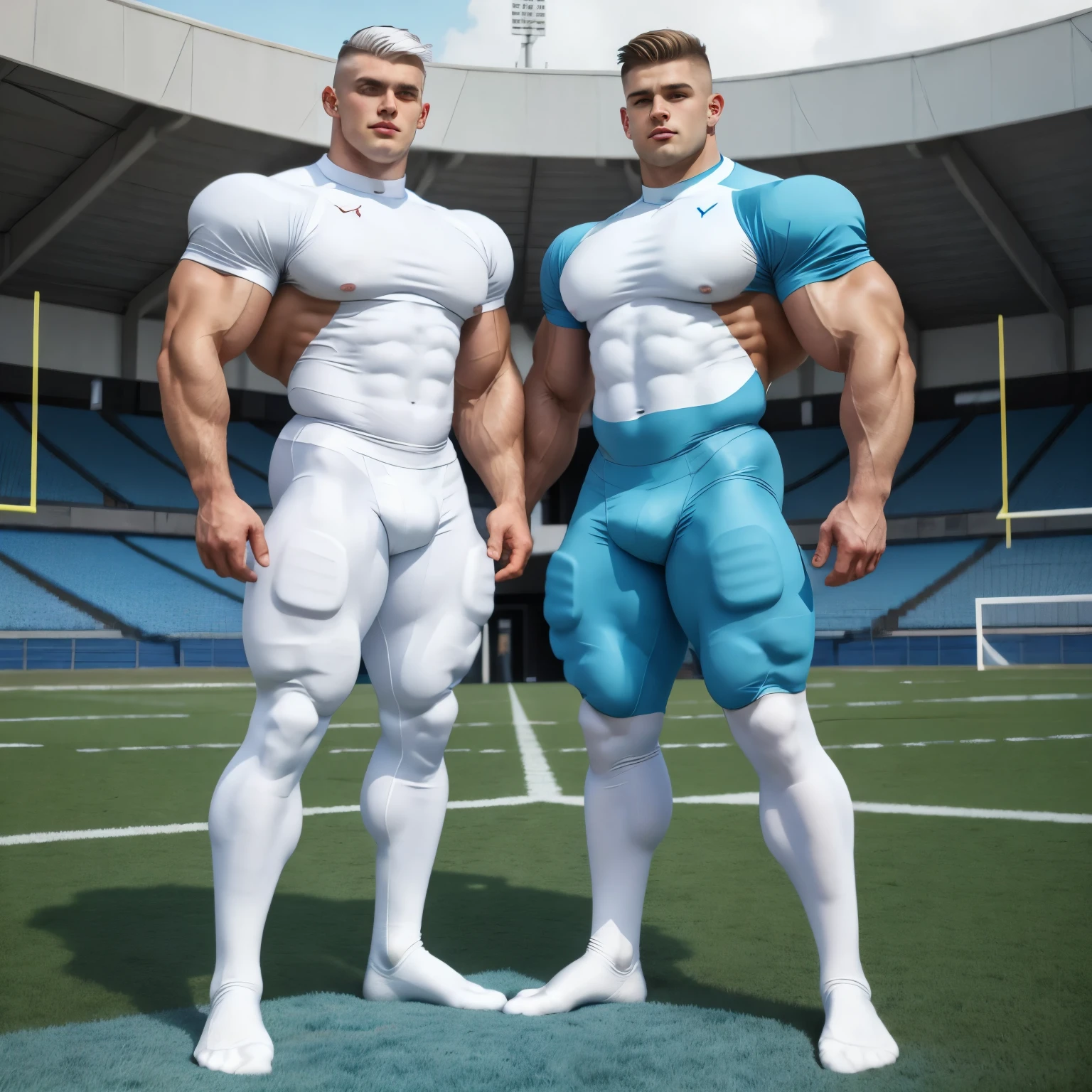 full view full body, two different young over-muscular white college boys with undercut haircuts, wearing pale-blue lycra sport tights, pale blue lycra socks, no shoes , standing posing for a photo , embraced, on football yard, their pale-blue socks must be seen