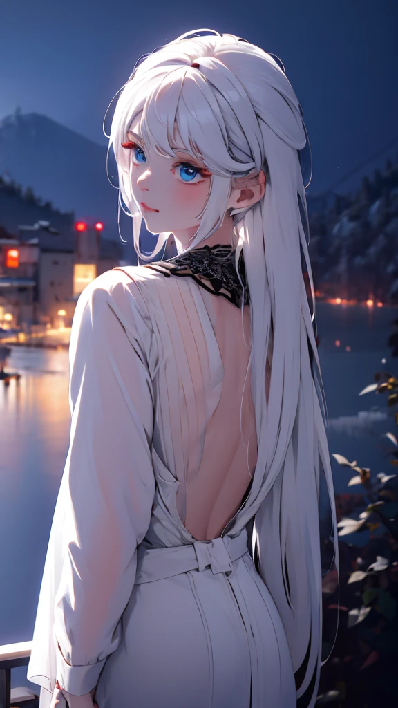 1 girl, medium light white hair, light blue eyes, wearing black suit , night city, absurdres , high res, ultrasharp, 8K, masterpiece, looking from behind