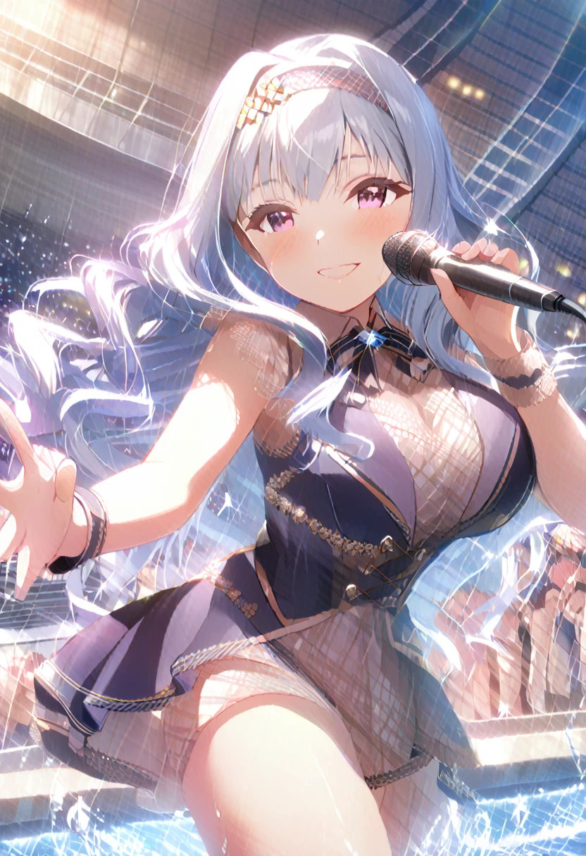 masterpiece、high resolution、Game CG、High definition、(Shijou Takane、Gray-blue hair、Wavy Hair、Purple eyes、Idol Master)、Headband、hair ornaments、Idol Costumes、Wet clothes、see-through、water、Outdoor Stage、smile、dance、Screen image、Best lighting、Large Breasts、belly button、Attractive thighs