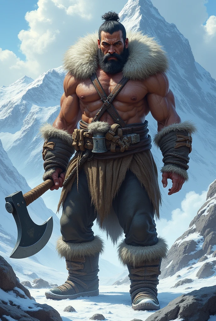 RPG character icy mountain man holding large axe with the body of a 30 year old man and that the character appears in full in the image