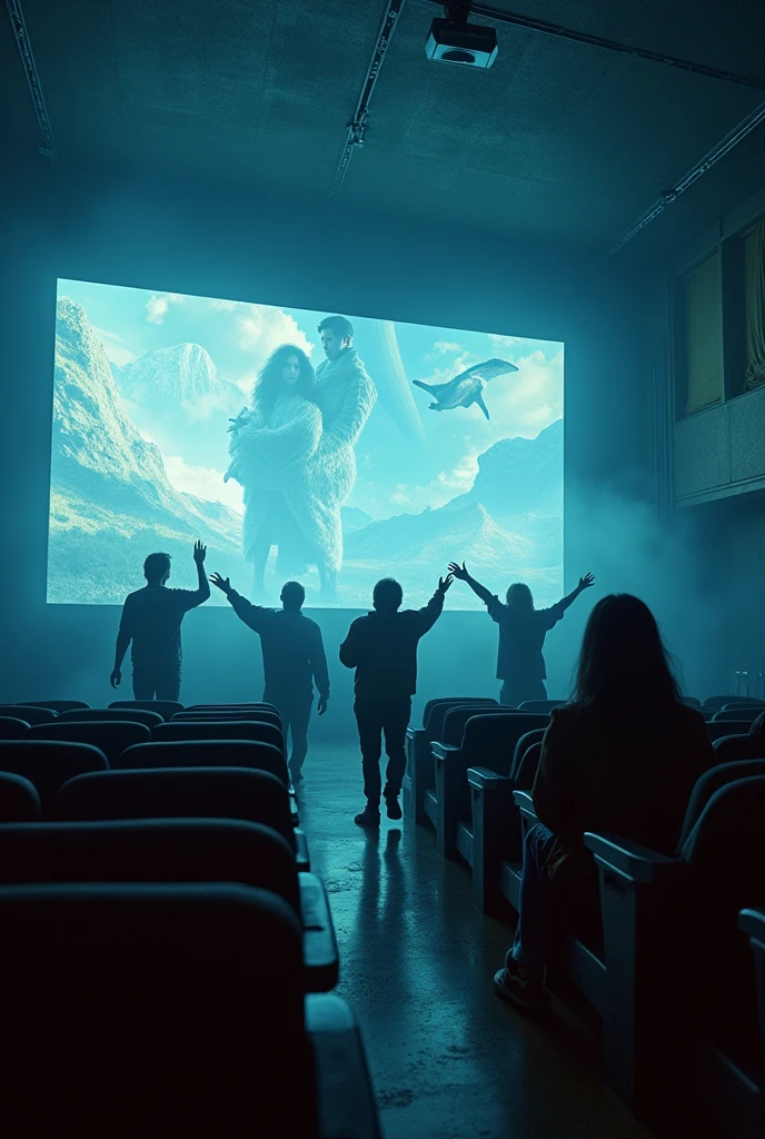 creates a video of a movie, which is being projected with holograms, inside a cinema which is closed, and where people are also interacting with it