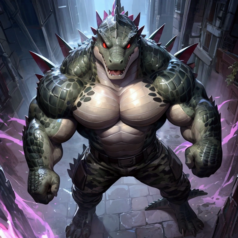 solo, anthro, furry male, crocodile, ((Spiny scales, scales, detailed muscles)), (Crocodile print), black scales, white belly, spiny scales, standing up, bodyguard outfit, black claws, red eyes, slit eyes, slim fit, muscular slim, cracking knuckles, cyber street, cyber upgrades, crazed look, menacing, raging, angry, detailed eyes, pecs, tail, long tail, looking away, (Masterpiece, by null-ghost, hi-res, 8k), tight black shirt, camo pants, face sideways, leaning forward, oil stain, military outfit, seen from above, upward pov,