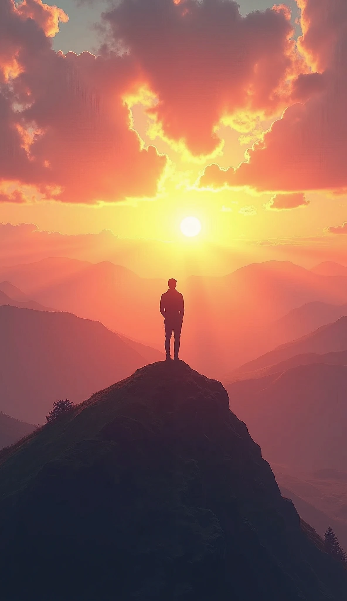 A lone figure standing confidently on a sunlit mountain peak at dawn, surrounded by a vibrant sky with golden and pink hues. The figure looks out over a breathtaking landscape of rolling hills and gentle valleys, symbolizing hope, new beginnings, and endless possibilities. The warm sunlight bathes the scene in a soft glow, representing positivity, inner strength, and the joy of overcoming challenges