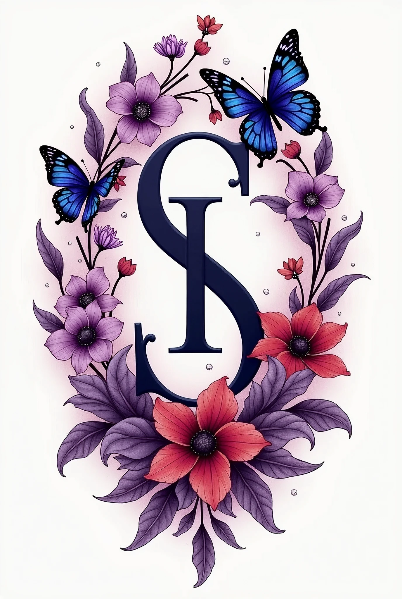I want you to make a tattoo design with 3 letters that are two S's and an I that is surrounded by purple and red flowers and another of butterflies of the same color.
