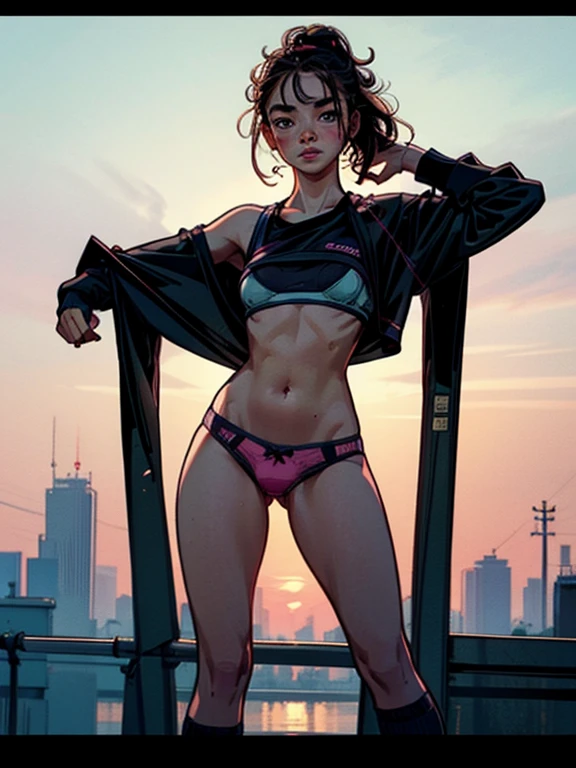 ultra realistic photo, ((16 year old girl wearing training bra)), deanwo,(pink panty), (narrow hips), (freckles: 1.0), 1girl, blush, masterpiece, best quality, absurd, award-winning photo, extreme detail, extremely intricate,, detailed face + eyes, natural lighting, realistic, highly detailed, photography, masterpiece, high quality, high quality, highres, sexy, lovely, detailed face, full body, beautiful face, open black shirt, goosebumps, 1solo, 1girl, Highway, ass view , cute bum