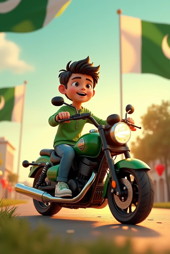 35mm film photography, Create a 3D illustration of an animated boy character sitting on a motorcycle matching the color and design of Pakistan Independence Day and wearing a green shirt with name SAMEER
The character must wear casual modern clothing such as jeans and sneakers shoes. The background of the image is a independence day of Pakistan, high detail, Pakistan flags in background, gold glow bright green color palette, light green hour glow