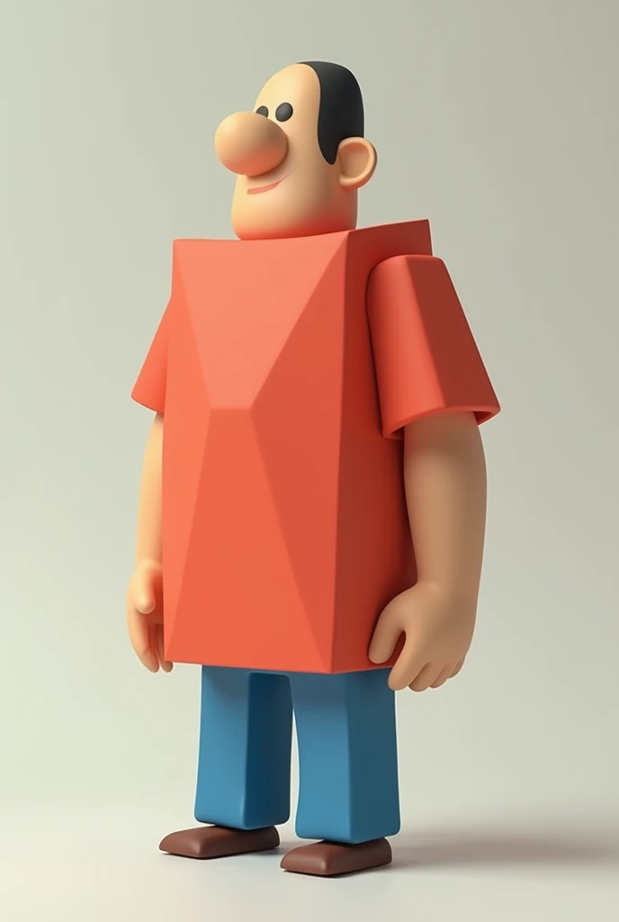 Normal short Latino man with short limbs and no neck with body made of 2d squares dressed in red shirt and blue pants