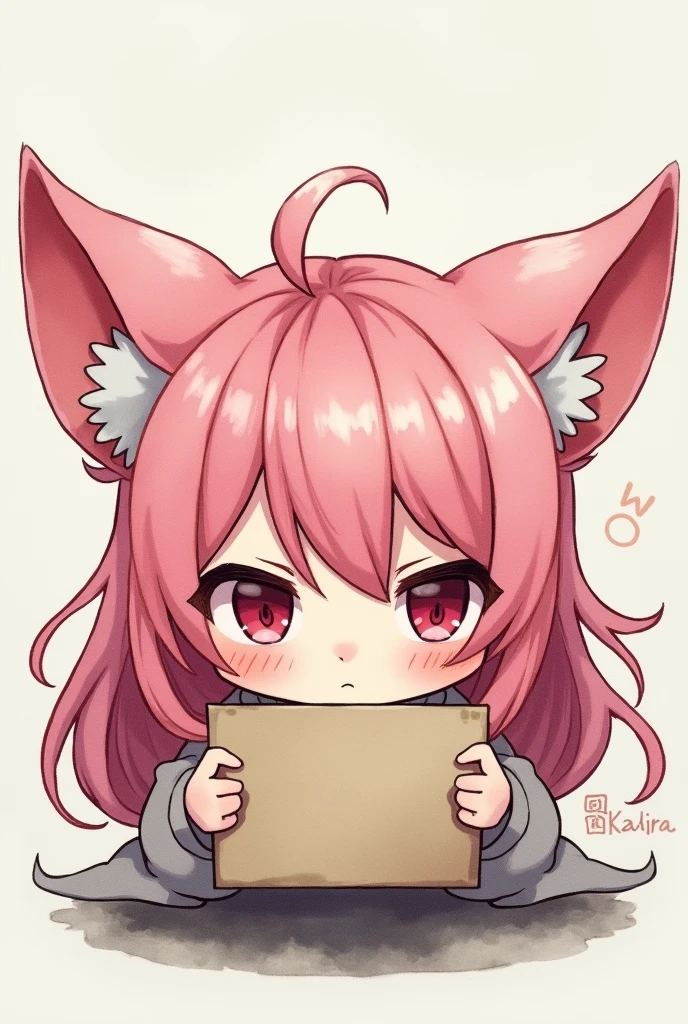 Pink Hair Girl、Lalafell、Deformed Japanese anime style illustration、High quality watercolor paintings、He is holding a board as if hiding something.、A shy and troubled look