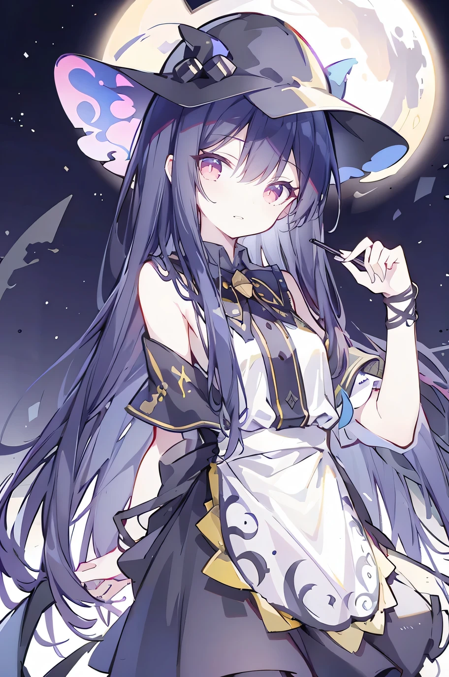 oung Girls,Humanity,A magician always smiles,big witch hat,cute,dark blue long hair,The eyes are dull,The bangs are heavy,Thin eyebrows,fantasy,intake,Double teeth,Star Theme,Constellation pattern,Solid color clothetal decoration,cloak,A bit of a dark atmosphere,A little crazy smile,When the big moon shines outside at night,blood,Hair black star embellishment,Short tie,No nails,High waist skirt,Bell sleeves,Long-sleeved shirt,Black tie,low risk,gentlemen。Mist、Yellow and white effect，Shocking pink as an accent color