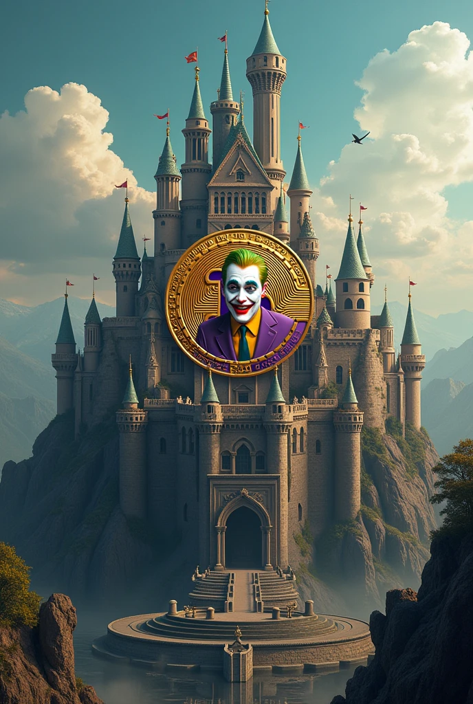 A castle with a Bitcoin coin with a joker drawn in the center of it