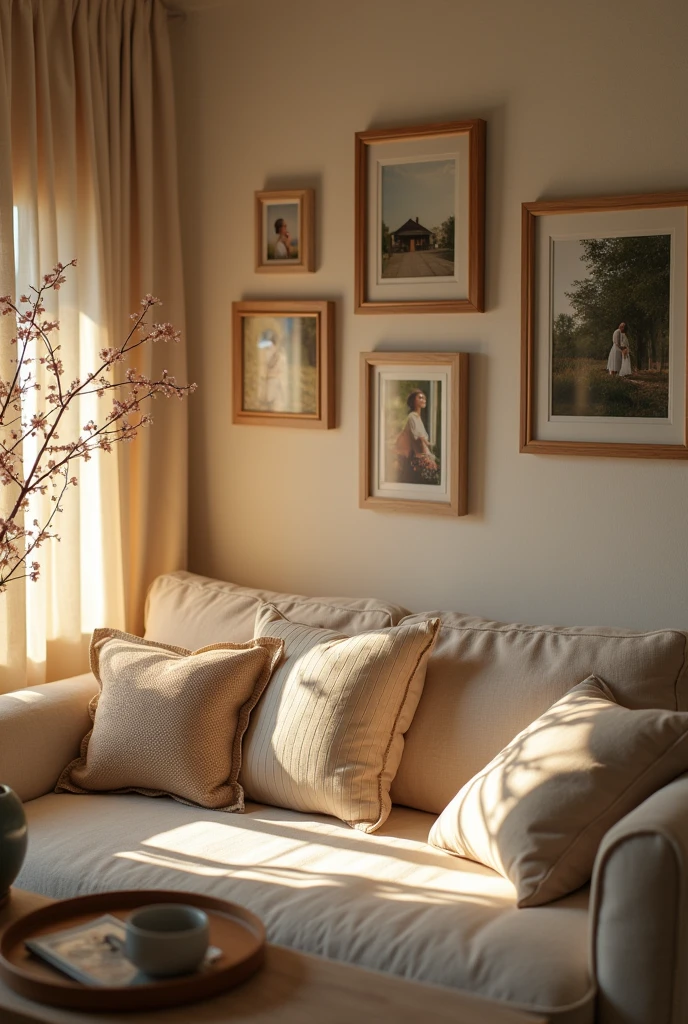 Create a picture of a room with four to five photo frames on one wall