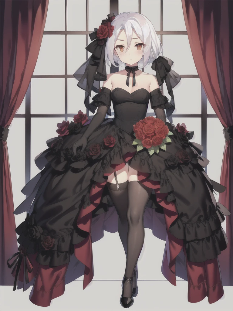 Vittorio_Veneto \(warship girls r\),((masterpiece)),(((best quality))),((ultra-detailed)),((illustration)),((disheveled hair)),((frills)),(1 girl),(solo),1girl,animal,bangs,bare shoulders,black dress,black flower,black footwear,black legwear,black ribbon,black rose,blood,bouquet,breasts,camellia,cat,cleavage,closed mouth,clothed animal,collarbone,dog,dress,elbow gloves,flower,full body,garter straps,gloves,gradient,***,hair flower,hair ornament,high heels,holding bouquet,holding flower,jewelry,long hair,looking at viewer,low ponytail,medium breasts,orange eyes,pink rose,pubic tattoo,purple rose,red eyes,red flower,red rose,rose,rose petals,rose print,shoes,solo,spider lily,spot color,standing,strapless,strapless dress,stuffed animal,stuffed toy,thighhighs,thorns,twintails,short hair,white cat,white hair,white rose,Black wedding dress,long wedding dress,