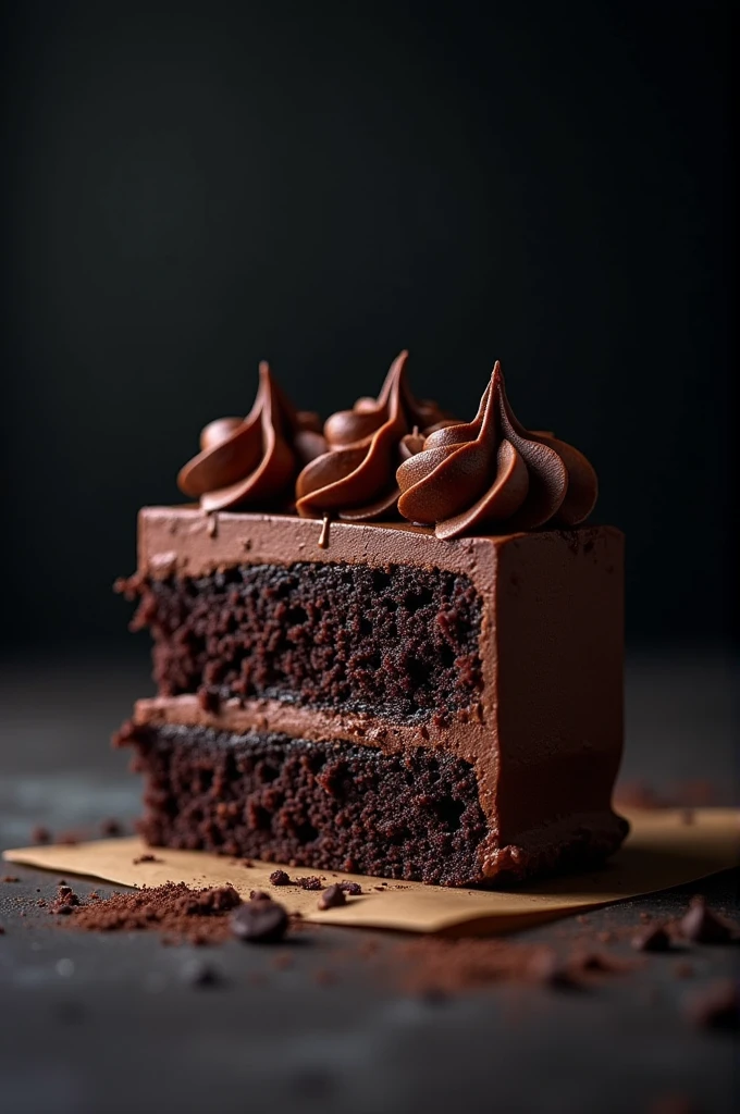 cinematic film still chocolate, chocolate cake, dark background, quality photo, moist texture, frosting, studio photo, slice . shallow depth of field, vignette, highly detailed, high budget, bokeh, cinemascope, moody, epic, gorgeous, film grain, grainy