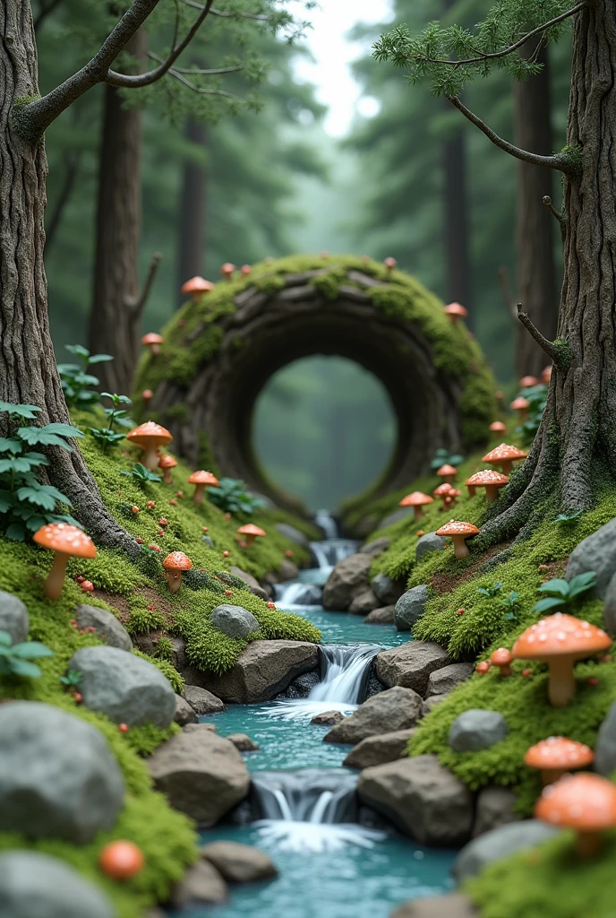 3d clay style model of circular land scene with small rock flowing into small waterfall in old forest with rocks and trees and rotten wood with moss, mushrooms, flowers and grass growing.