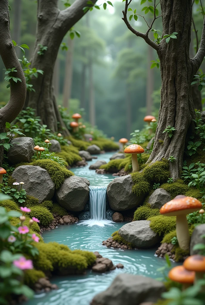 3d clay style model of circular land scene with small rock flowing into small waterfall in old forest with rocks and trees and rotten wood with moss, mushrooms, flowers and grass growing.