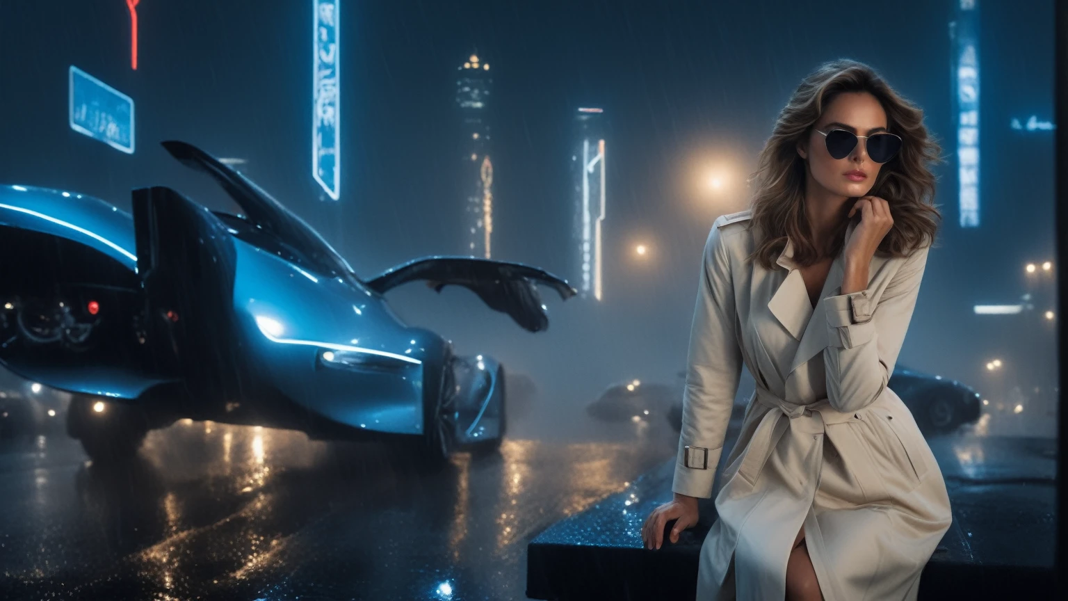 (Hyper-realistic photograph:1.4), Captivating scene under the rain at night on a rooftop, year 1937 cars on street, flying cars, a sexy slim woman, large breast cleavage, with short brown hair, three-quarters view, Black trench coat, (black sunglasses, holding a short gun), with a dark rainy city landscape in background, blue eyes, photography style, (half-body shot:1.3), (contemplative expression:1.2),(well-lit:1.2) Extremely Realistic, serendipity art, (sharp focus:1.3), intricate details, highly detailed, by God himself, original shot, masterpiece, detailed and intricate, Movie Still, guttojugg1