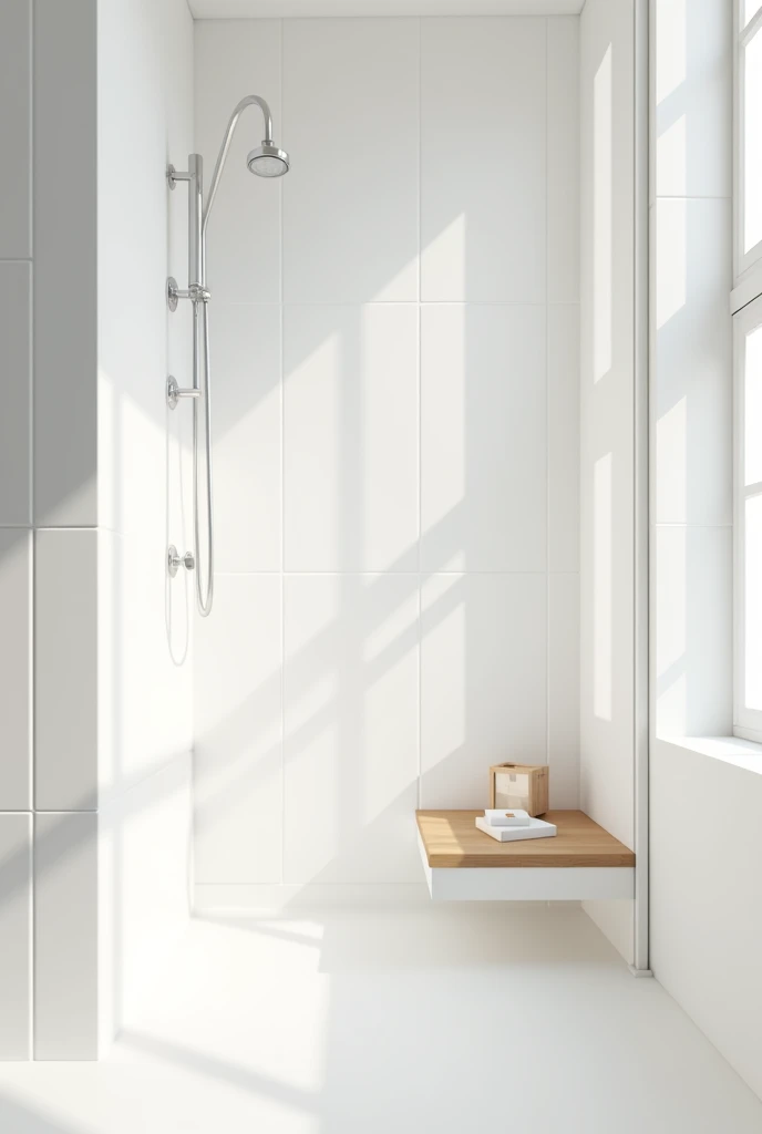 apartment bathroom, only part of the shower and a small empty shelf, sem box , no windows and white tiles, do not show the floor 

