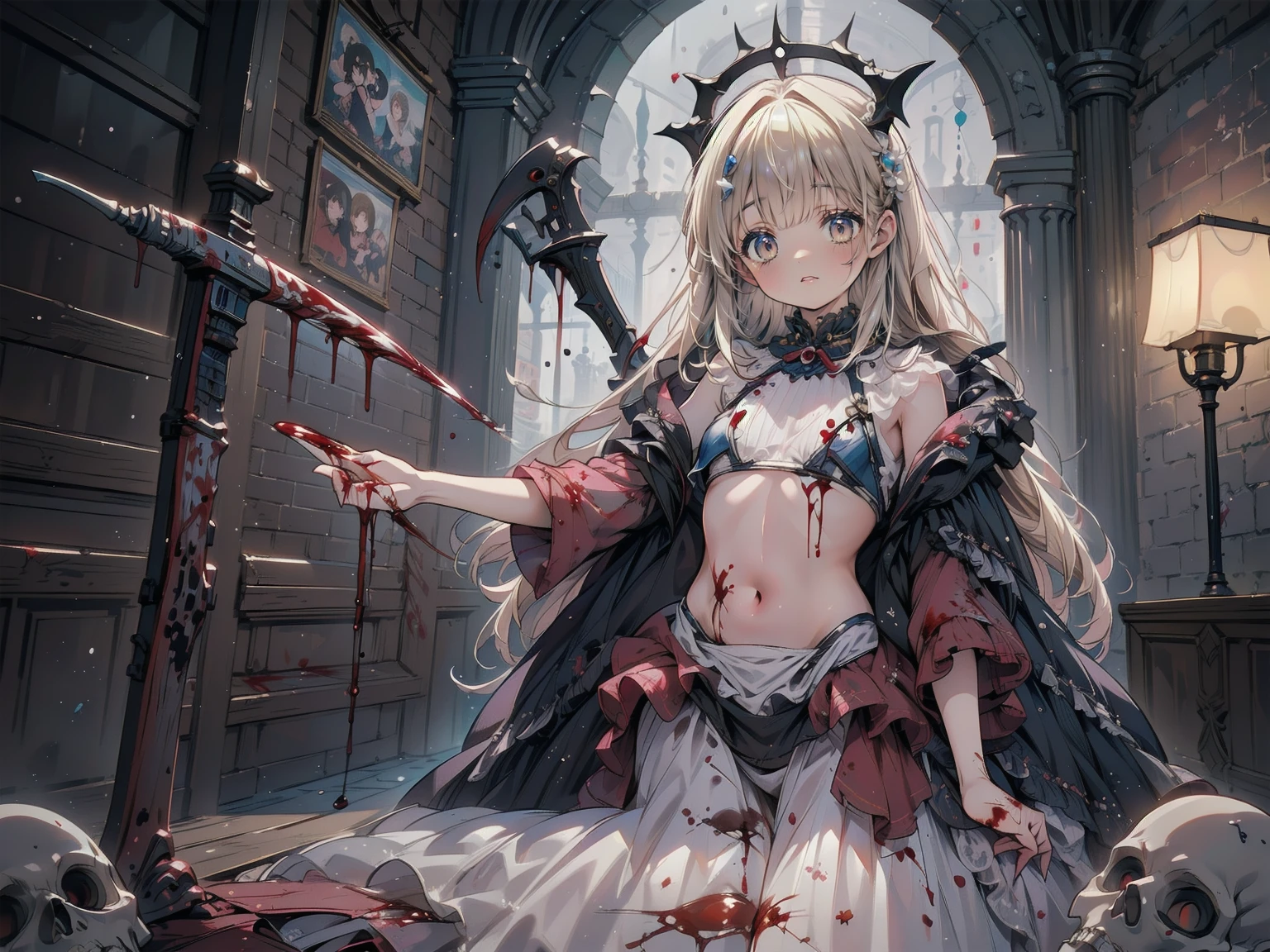 .(Highest quality,4K,High resolution,masterpiece:1.2),Very detailed,Realistic:1.37,Spooky altar background,Dark fantasy,Red color scheme,Ominous atmosphere,Eye-catching,Storytelling,anatomy,Anime Style,Concept Art,beautiful細部までこだわった顔と (((Red eyes ))),A terrifying ritual ,Satanic Ritual,Premature death,inappropriate behavior,クレイジーなsmile,Scythe Face,Girl Monster, beautiful, Delicate facial features, Sharp Eye, Sharp Fangs, pale skin, Thick chain, Dark Background, Cinema Lighting, Dramatic Shadows, Gothic style, Gloomy atmosphere, Dark fantasy, One Girl, Please open your mouth wide, Open your mouth and baring your teeth,Sharp teeth like a beast, Wide lips, very wide mouth, Vermilion cheeks, ,(Blood splatter:1.4),Scary smile, smile,Angel Design, Twisted smile、Bloody、bleeding from the head,,,,,、Blood splatter、,(Blood splatter:1.4),skull,Horrorスタイル, ((Fantasy Sweet Ta Frill Pink Costume)), ((Flowing blonde hair)), ,(Blood splatter:1.4),Female curves, Sexy flat stomach, Perfect hands, Perfect anime face, (Pink Tata Dress)), Are standing, ((邪悪なsmile)), ,(Blood splatter:1.4), Steam circulates, Moonlight Illumination, night lighting, (Blood splatter:1.6),アニメAngel Design, Twisted smile、Bloody、bleeding from the head,,,,,、Blood splatter、,(Blood splatter:1.4), skull,Gothic architecture、Western architecture、Fantasy World、,Victorian cities, Skeleton Gas Light,Absurd, High resolution、 ((Tabletop)), ((Highest quality)), (Very detailedな), ((Very detailed)), (beautiful), ((pretty girl)), (NFSW:1.8), alone,(10 years old:1.6)、(world&#39;The most terrifying and creepy demon ***:1.5)beautiful face、Whole Body Ezbian、pale, beautiful肌、beautiful金の髪、Smiling Kindly、Dark building ruins、(snow white&#39;Frill dress:1.3)、(The dark ruins are stained with blood:1.3)、Low angle full body shot、(少女は血の海の中にAre standing:1.5)、(The ground is full of blood:1.3)、(The  lost a lot of blood...:1.3)、(クレイジーなsmile:1.6)、Spirits、(Blood dripping from the mouth:1.3)、Neo-goth style, Wearing a black dress and a white collar, Wearing a black hat、wearing heavy makeup, Standing in a mystical garden surrounded by vines. The garden is full of deep purple flowers.、背景のGothic architecture。. &#39;The hair is golden、、A red rose is pinned to the side。. Her eyes are sharp、It&#39;Like being stabbed., Thick black eyeliner and long lashes. 彼女は顔色がpale.、Her lips are bright red.. The atmosphere is gloomy and eerie, with dim lighting casting long shadows. This piece combines digital illustration and photography..., outcome、驚くほどHigh resolutionの画像が生まれました. Most of the colors are dark、I&#39;Calm, Deep reds and purples create a dark beauty.. The style is neo-Gothic., Horror, Portrait Photography, Create unique and compelling visual experiences.Dark Imagery
