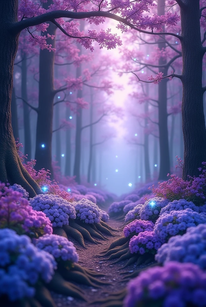 Blue forest background, which is all in purple soft tones, slightly dark. (excellent quality) (best quality) (realism) many purple flowers and beautiful light with blue tint. a little dark. many many flowers with purple and blue flowers flowers everywhere. More realism, a lot of realism more flowers, flowers everywhere. Trees are blooming beautifully. lots and lots of realism. beautiful trees, a little dark outside. also fireflies with a blue tint