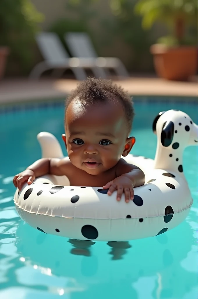 Pixar style image, An eight-month-old baby with dark skin was found in a pool inside an inflatable Dalmatian puppy