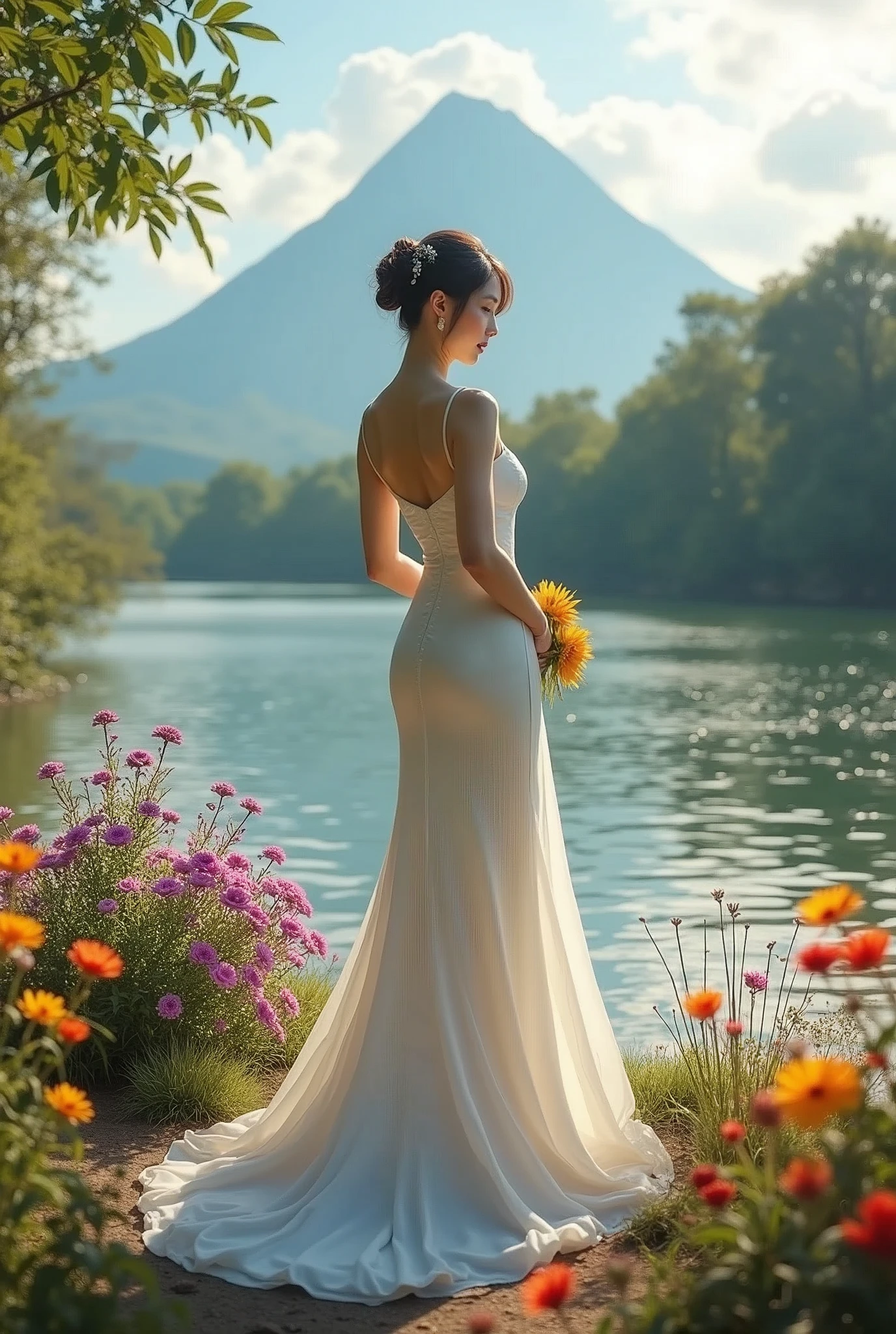 a vietnamese girl, wearing a wedding dress, white wedding dress, hot body, slim waist, big breasts, standing by the river, at her feet are colorful flowers, purple, pink, yellow, red, in the distance is a mountain, with the sunlight shining on the mountain, blue clouds swirling around the mountain, yellow sunlight dyeing the river, green, flowers, beautiful, idyllic, wonderful, absurd, surreal, textured, maximum detail, dslr, transparent clothes, masterpiece, best quality: 1.2),, (8k, high resolution, RAW image, realistic, true to life: 1.3), (detailed skin texture, detailed fabric texture, detailed water, detailed body texture, beautiful detailed face: 1.25), professional lighting, photon mapping, beautiful soft light, radiation, physically based rendering, ray tracing, model shooting style, model shooting style, (CG unity background 8k ultra-detail), full body photo of the world's most beautiful artwork, (8k, high resolution, RAW image, realistic, photorealistic: 1.3), (detailed skin texture, detailed cloth texture, detailed water, detailed trees, detailed textured flowers, detailed leaves, detailed colors, beautifully detailed faces: 1.25), professional lighting, photon mapping, beautiful soft light, brightness, physically based rendering, ray tracing, model shooting style, model shooting style, (Unity's 8k ultra-detailed CG background), the world's most beautiful full body photo,