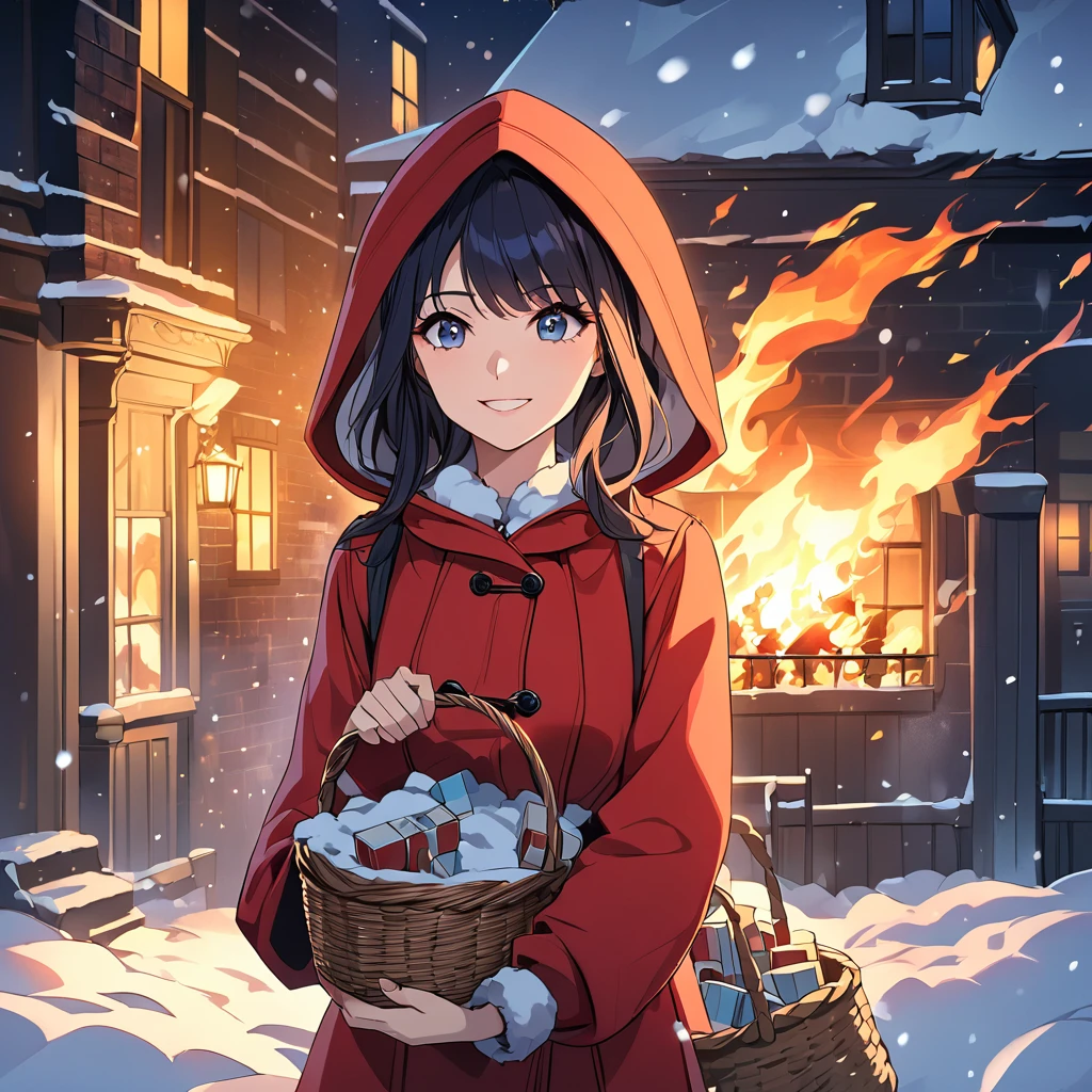 Bold brushstrokes, anime style illustration, midwinter night, crazy fun, cinematic lighting, 19th century, snowy night in London, burning house, one girl, front view, The Little Match Girl watches the fire, she smiles with satisfaction and lights a match. She is wearing a red coat with a hood and carrying a basket of matchboxes under her arm. Front view