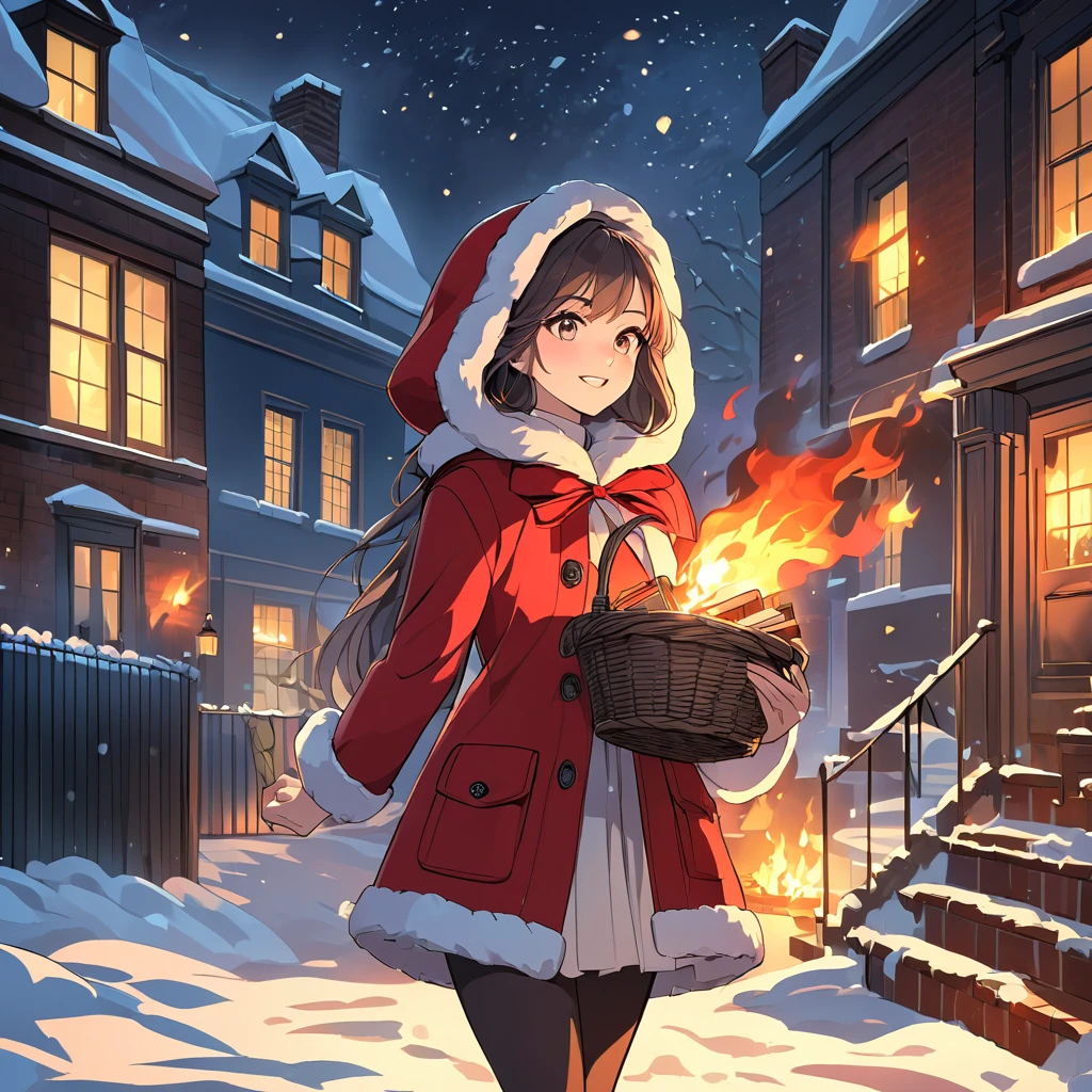 Bold brushstrokes, anime style illustration, midwinter night, crazy fun, cinematic lighting, 19th century, snowy night in London, burning house, one girl, front view, The Little Match Girl watches the fire, she smiles with satisfaction and lights a match. She is wearing a red coat with a hood and carrying a basket of matchboxes under her arm. Front view