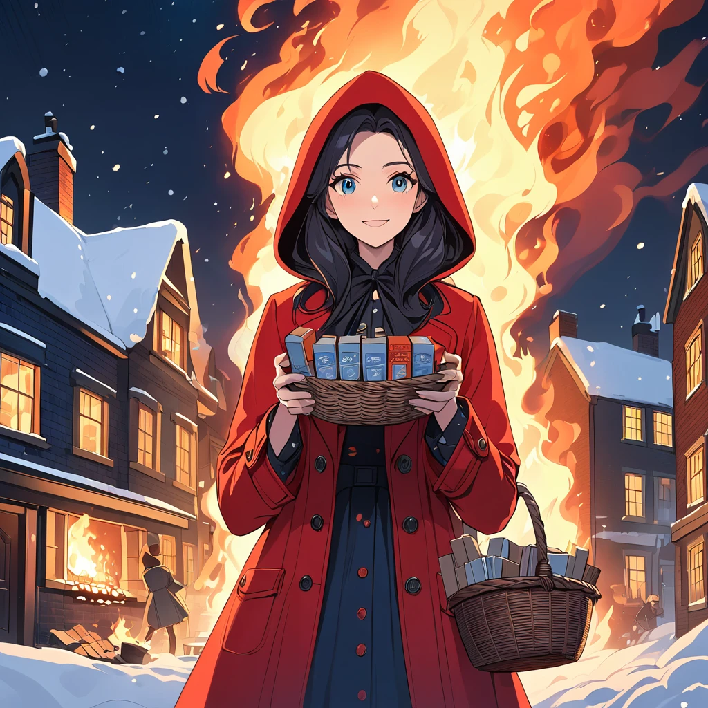 Bold brushstrokes, anime style illustration, midwinter night, crazy fun, cinematic lighting, 19th century, snowy night in London, burning house, one girl, front view, The Little Match Girl watches the fire, she smiles with satisfaction and lights a match. She is wearing a red coat with a hood and carrying a basket of matchboxes under her arm. Front view