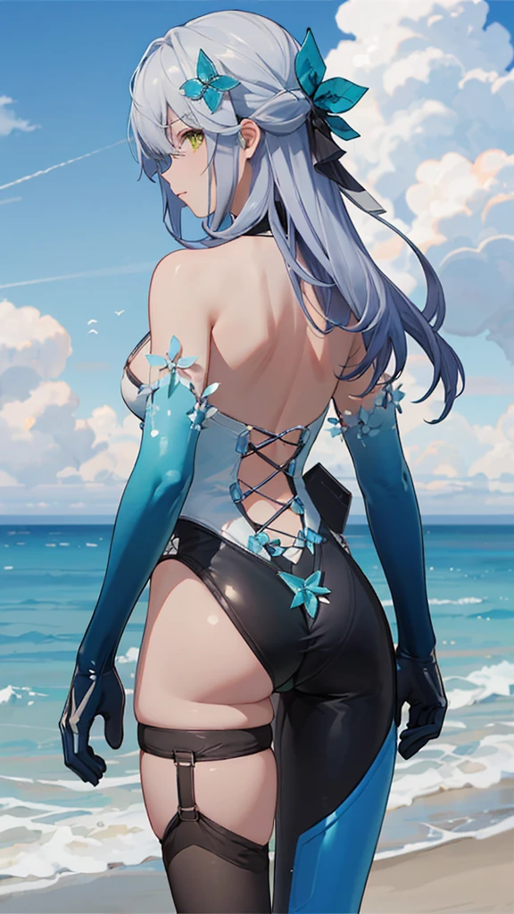 from behind,  LYFE, backless_leotard, elbow_gloves, asymmetrical_legwear, hair_ornament, cleavage,  blue_hair, long hair, yellow_eyes,    1girl, solo, standing, cowboy shot,   looking at viewer, outdoors,  day, beach, ocean, cloud, summer,    dappled_sunlight,  (masterpiece,best quality,beautiful and aesthetic:1.2),     