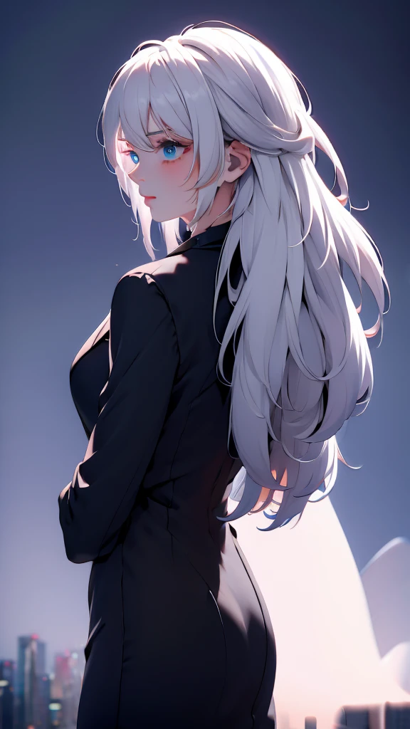 1 girl, medium light white hair, light blue eyes, wearing black suit , night city, absurdres , high res, ultrasharp, 8K, masterpiece, looking from behind