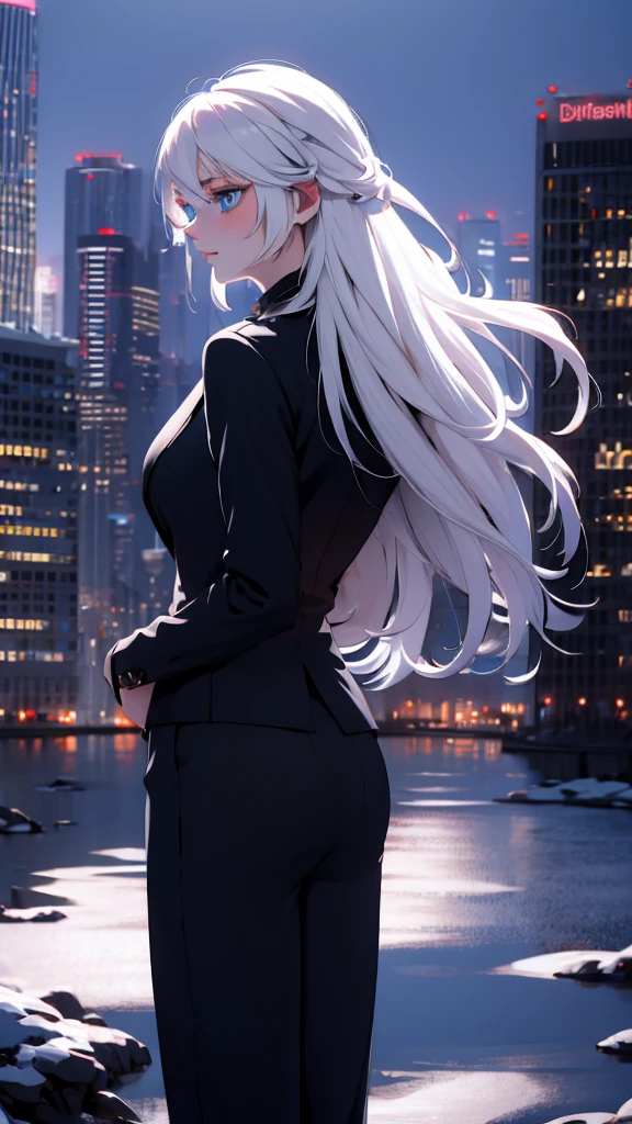 1 girl, medium light white hair, light blue eyes, wearing black suit , night city, absurdres , high res, ultrasharp, 8K, masterpiece, looking from behind