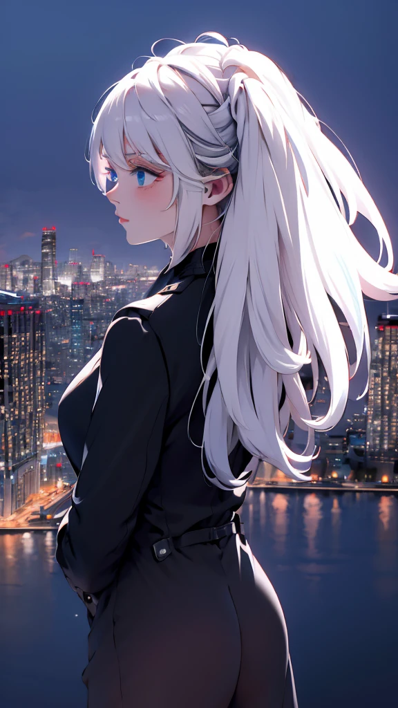 1 girl, medium light white hair, light blue eyes, wearing black suit , night city, absurdres , high res, ultrasharp, 8K, masterpiece, looking from behind