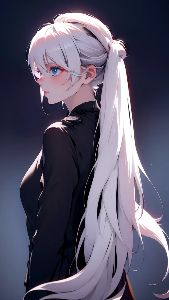 1 girl, medium light white hair, light blue eyes, wearing black suit , night city, absurdres , high res, ultrasharp, 8K, masterpiece, looking from behind