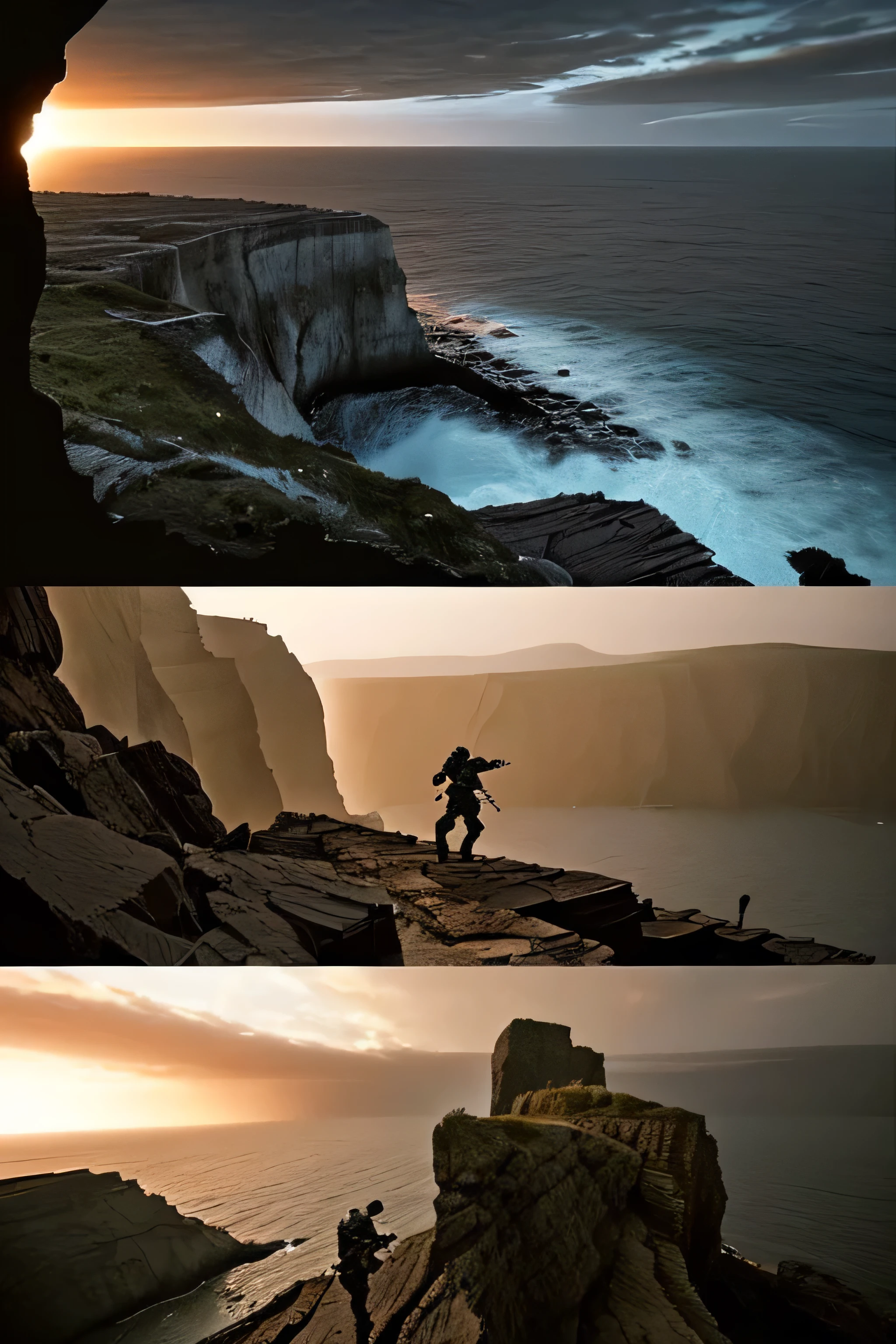 The scene opens with two warriors standing on the edge of a towering cliff as the sun begins to rise, casting a warm glow over the battlefield. One warrior is clad in dark, battle-worn armor, while the other is in light, agile clothing. They clash with blinding speed, their swords creating sparks with each strike. As they battle, the cliffside begins to crumble beneath them, adding urgency to the fight. The camera alternates between wide shots of the epic landscape and close-ups of their determined faces. In the climax, one warrior is knocked off the cliff, but he manages to grab hold of the edge, pulling himself up for one final, desperate attack.