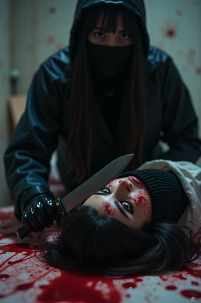 korean girl, (behind corpse, holding knife), balaclava, black gloves, room full of blood, black raincoat, hood up, holding knife, black gloves, woman on top, looking at viewer, behind corpse, blood splatter, on the bed, mass murderer, killer, long bangs, blood splatter, dark atmosphere, cinematic lighting, atmospheric realistic, close-up,