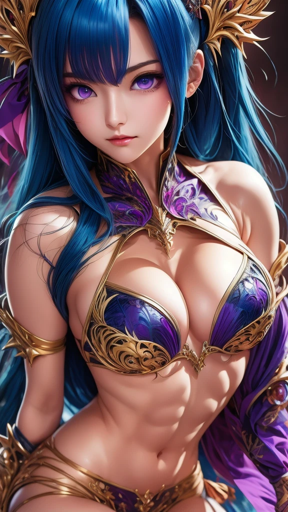 anime girl with blue hair and purple eyes posing for a picture, hestia, ayaka genshin impact, blue scales covering her chest, extremely detailed artgerm, portrait knights of zodiac girl, tsuaii, zerochan art, by Kamagurka, azure. detailed hair, artgerm on artstation pixiv, smooth anime cg art